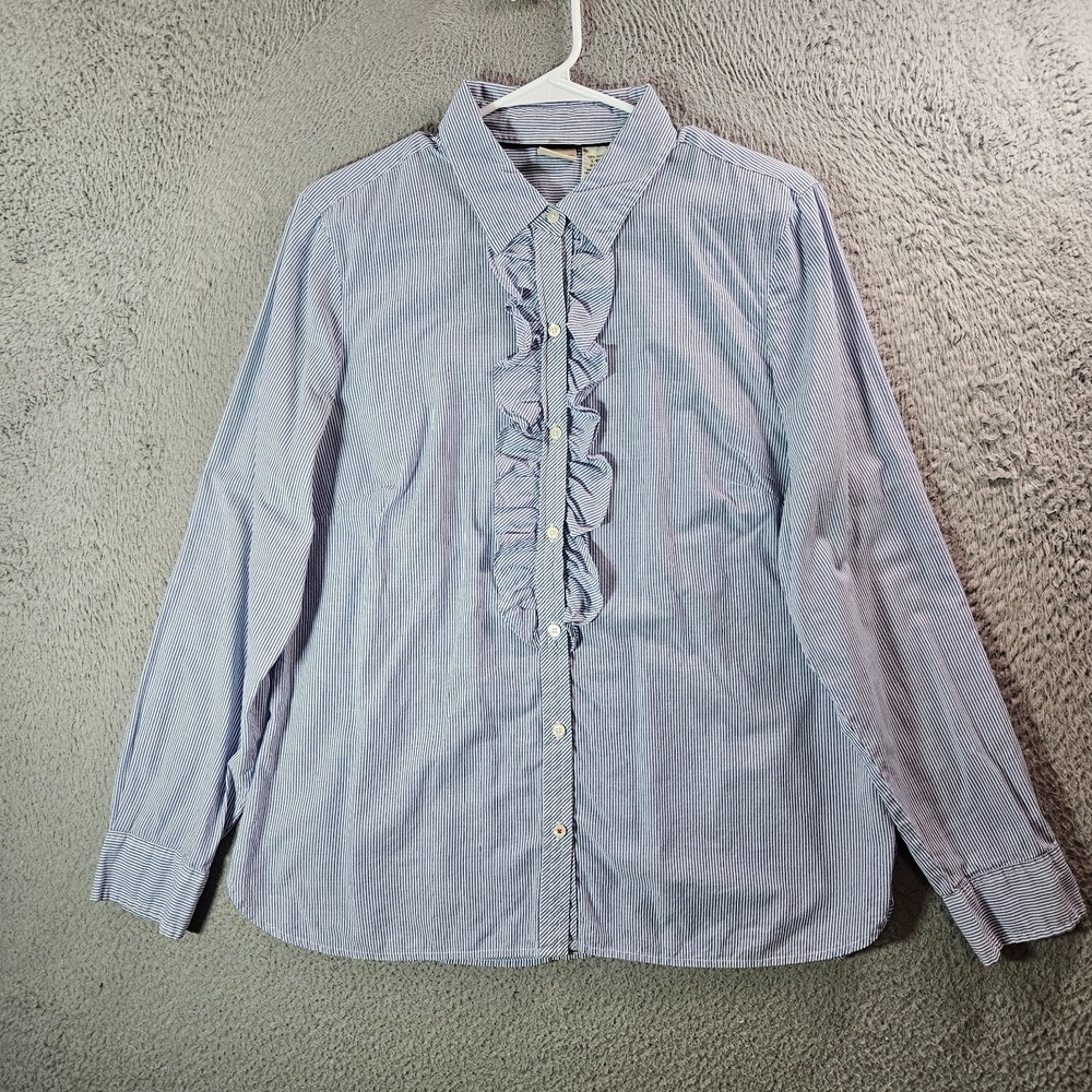 LL Bean Shirt Top Women Large‎ Ruffle Button Up Long Sleeve Striped